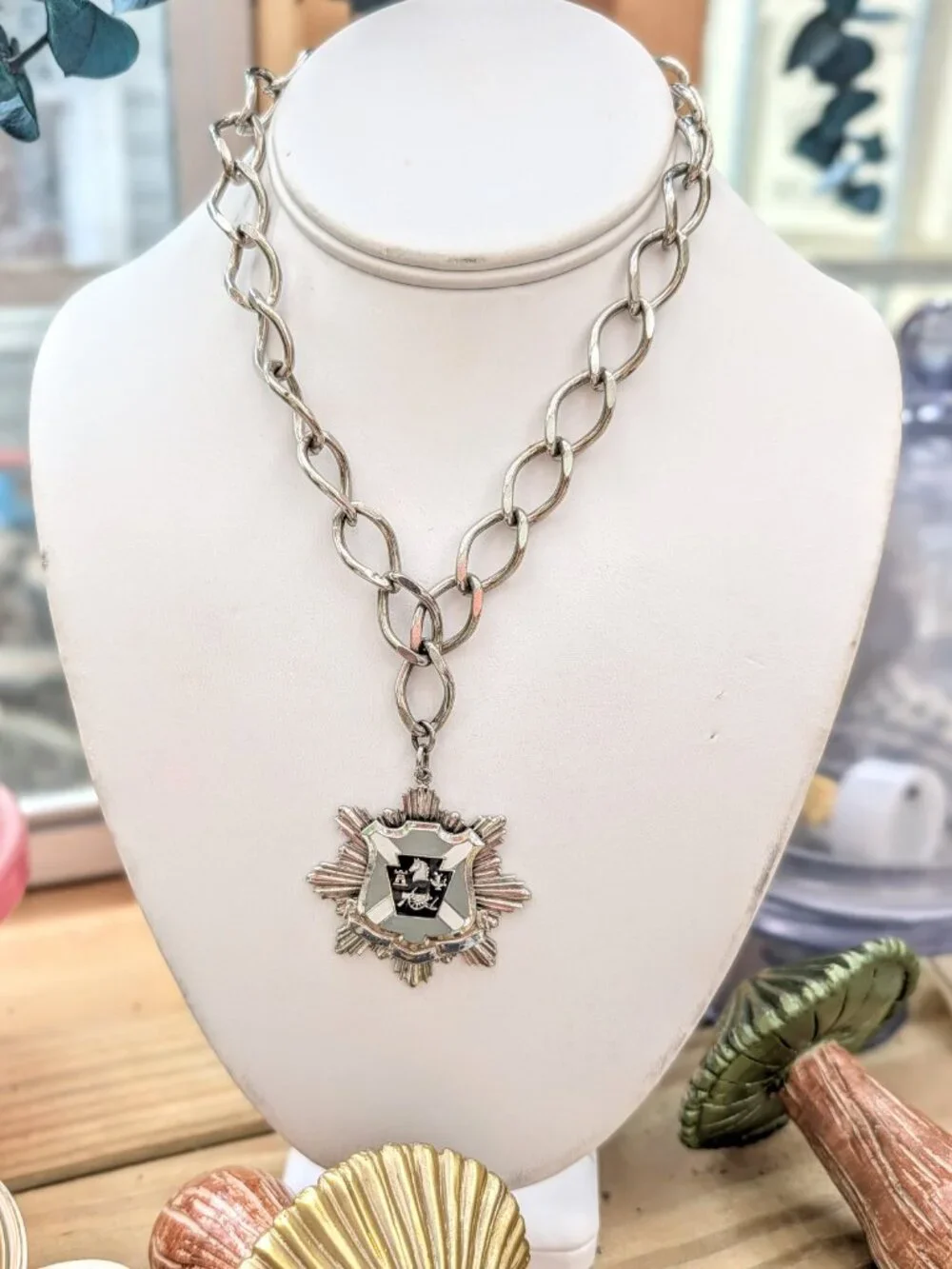 Vintage Heraldic Crest Medallion Necklace on Chunky Chain AS IS